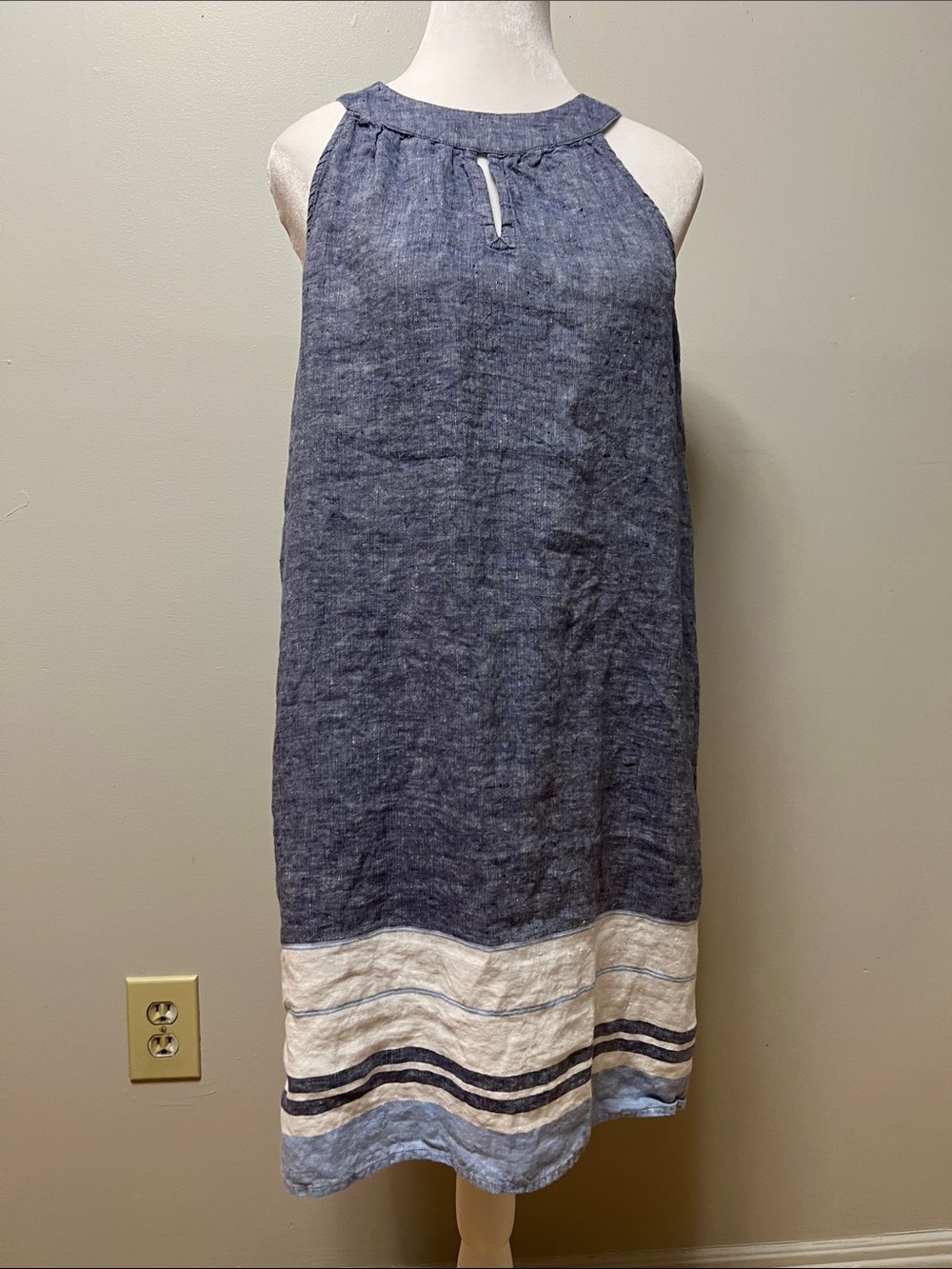 Artisan NY Blue 100% Linen Sleeveless Striped Hem Shift Dress Size Small